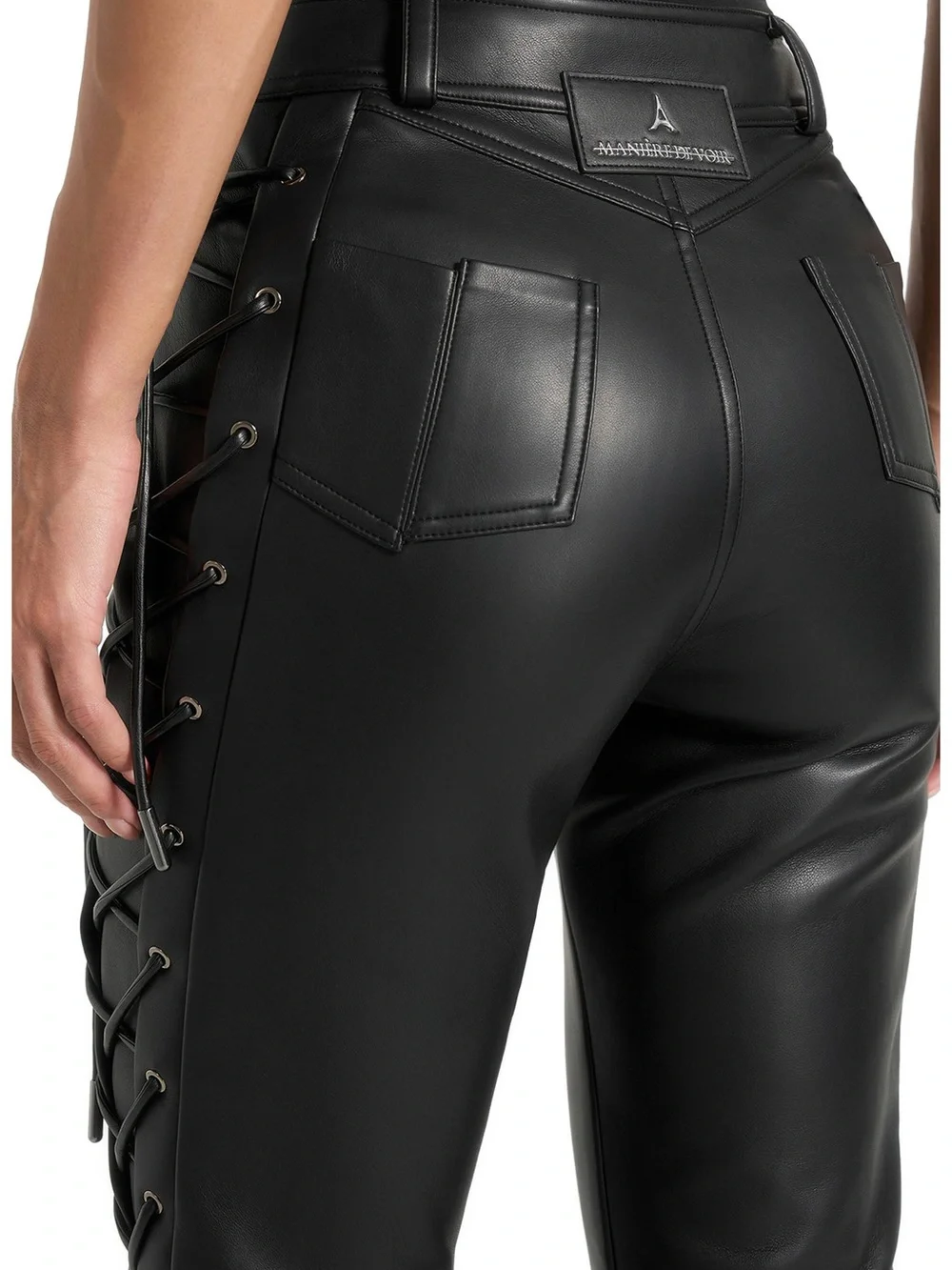 Manière De Voir Ambre Vegan Leather Lace-Up Flared Trousers | Black | Size 2 - Picture 6 of 15